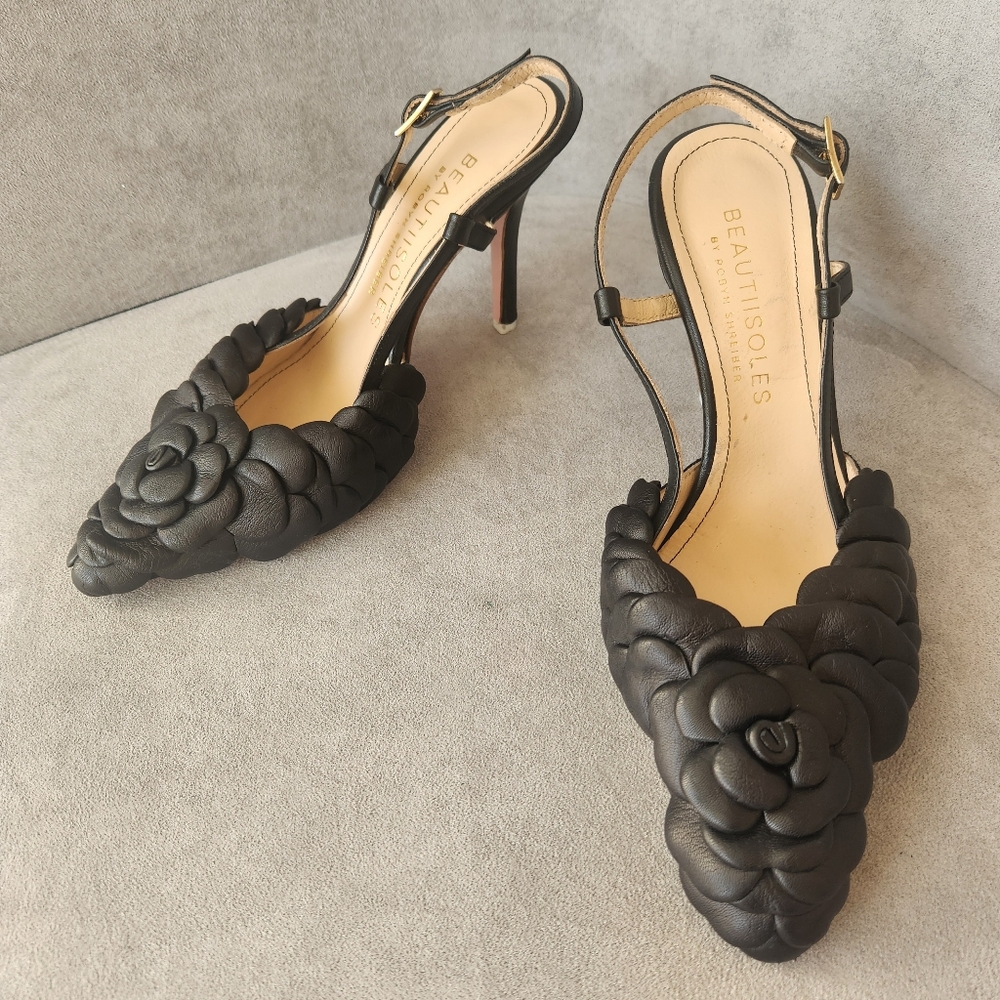 Beautiisoles Slingback Pumps 6.5 Black Leather Petals Flower Pointy Made Italy - Picture 6 of 17